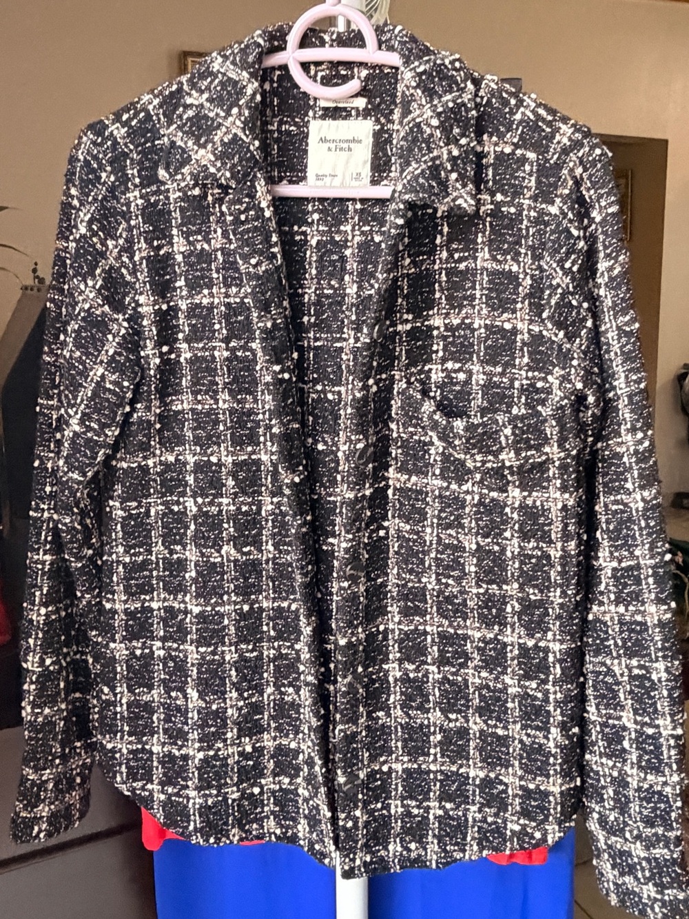 Abercrombie & Fitch Black and White Tweed Button-Front Shirt Jacket